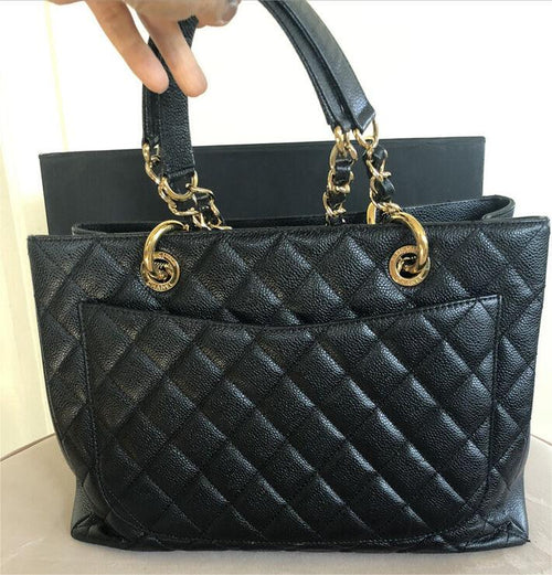 Chanel CC BlackGold Caviar Quilted Grand Shopping Tote