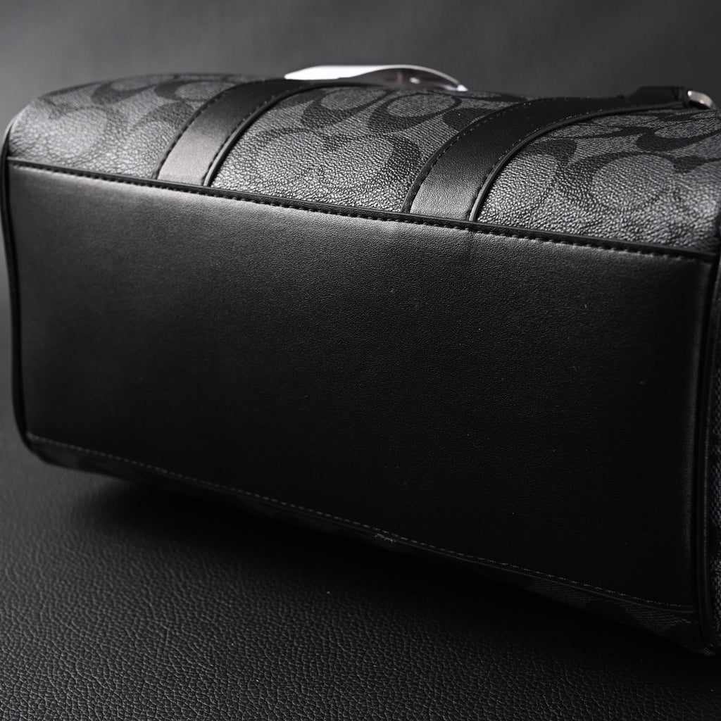 Coach Signature Duffel Bag – Black Monogram Canvas with Leather Trim