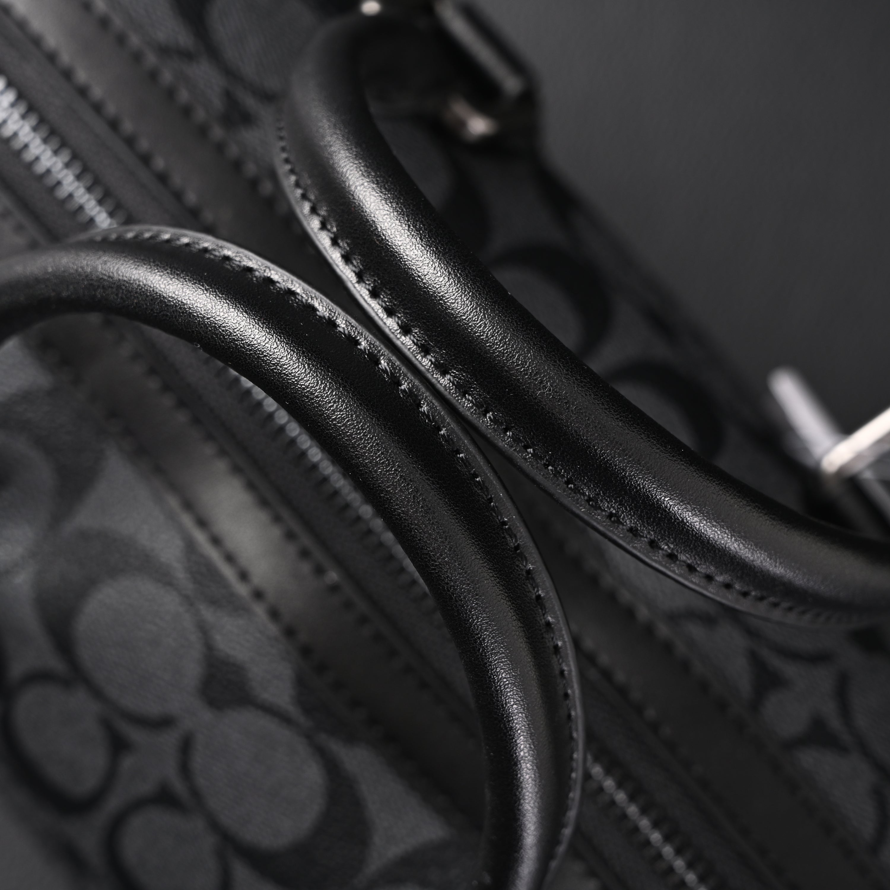 Coach Signature Duffel Bag – Black Monogram Canvas with Leather Trim